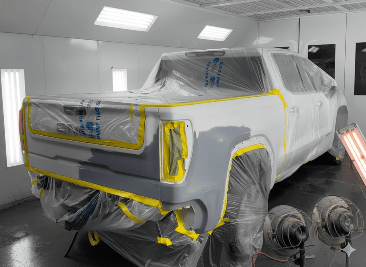 White GMC pickup masked and primed for paint in the paint booth at D&S Auto Repair Inc in Vallejo, CA