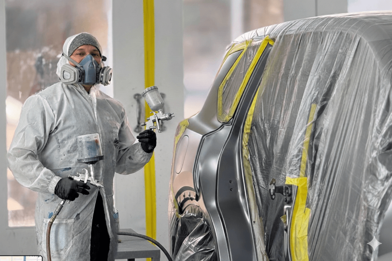 D&S Auto Repair painter spraying a vehicle in the paint booth in Vallejo, CA