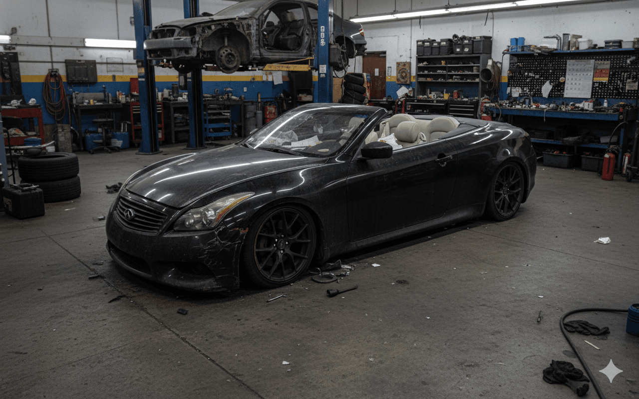 Black Infiniti convertible in the service bay at D&S Auto Repair in Vallejo, CA