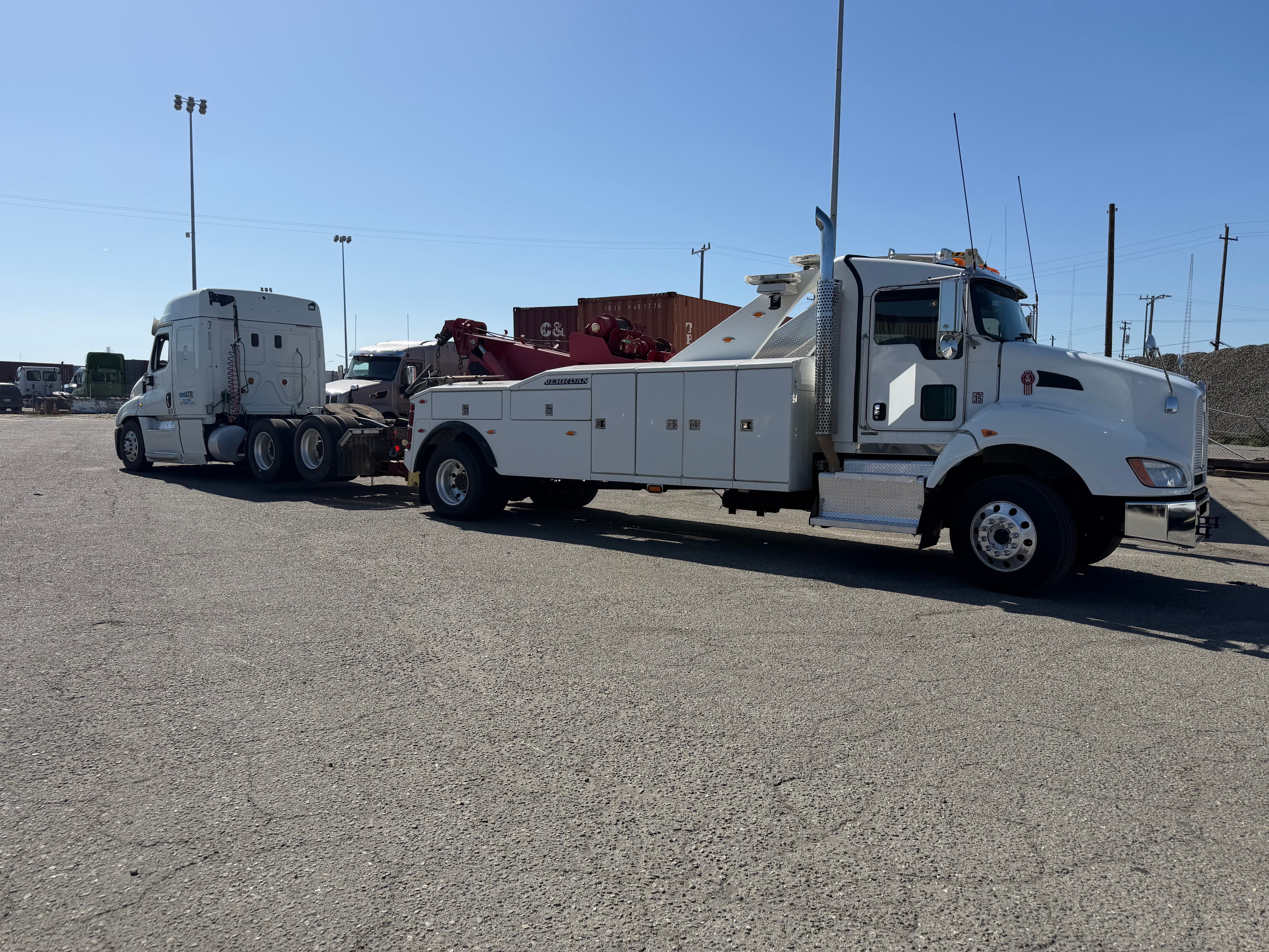 D&S heavy-duty wrecker towing a semi truck in Vallejo, CA